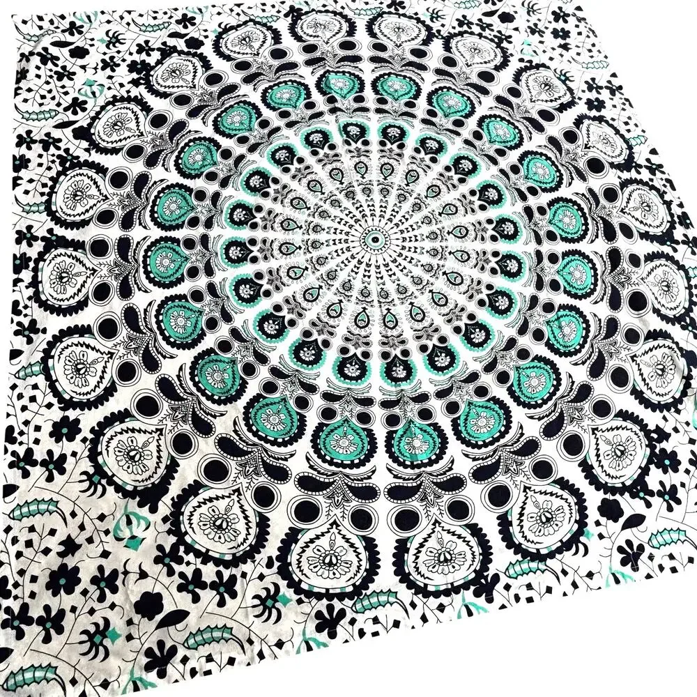 Huntington Home Printed Cotton Tablecloth Navy Blue Green & White Mandala Square